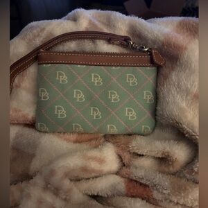 Dooney & Bourke Green and Tan Clutch with Leather Trim